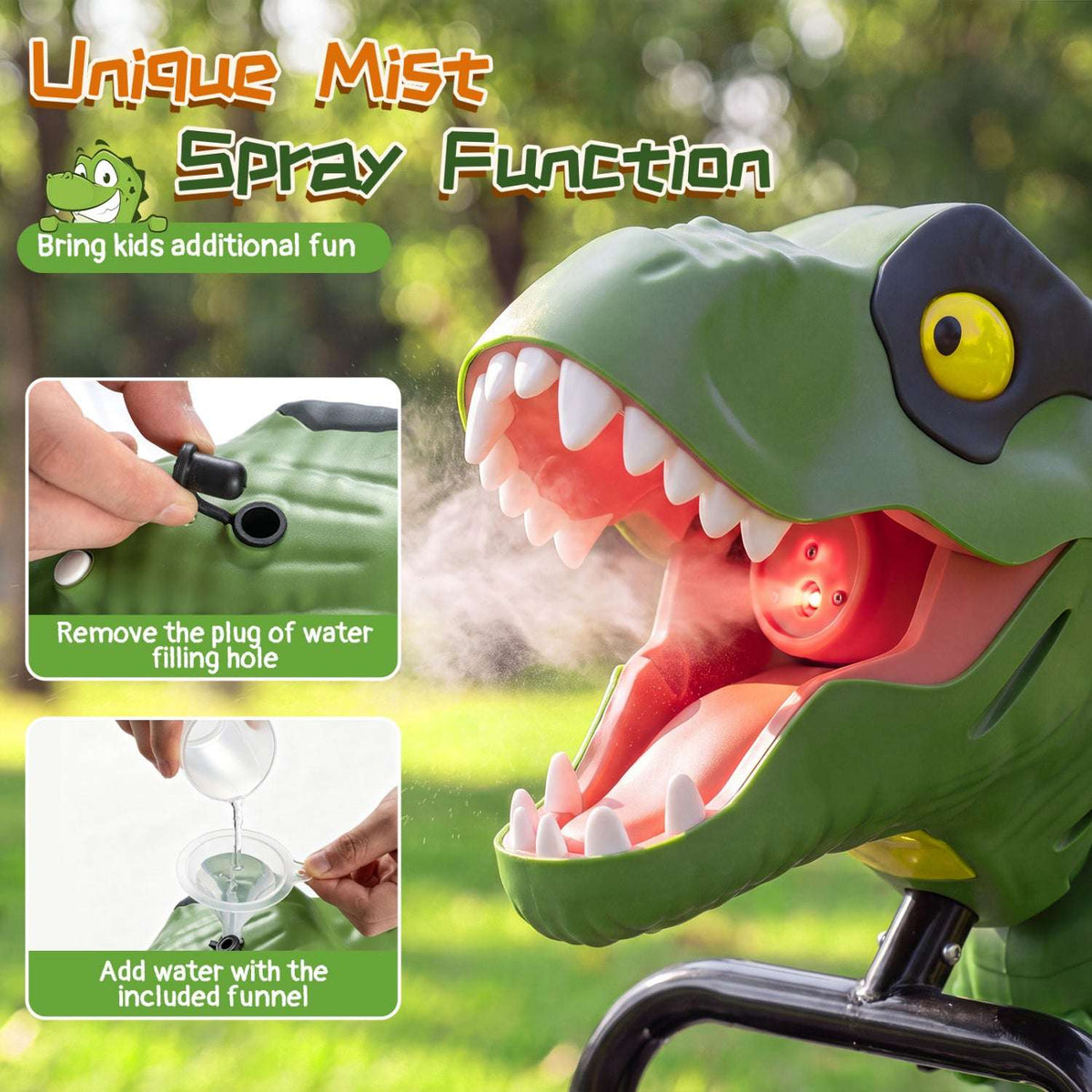 Green dinosaur head with spray nozzle area and water mist function close-up