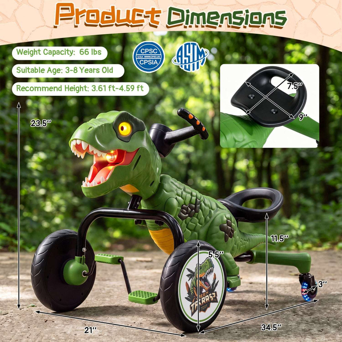 Green dinosaur tricycle with visible dimensions diagram and roaring dinosaur head