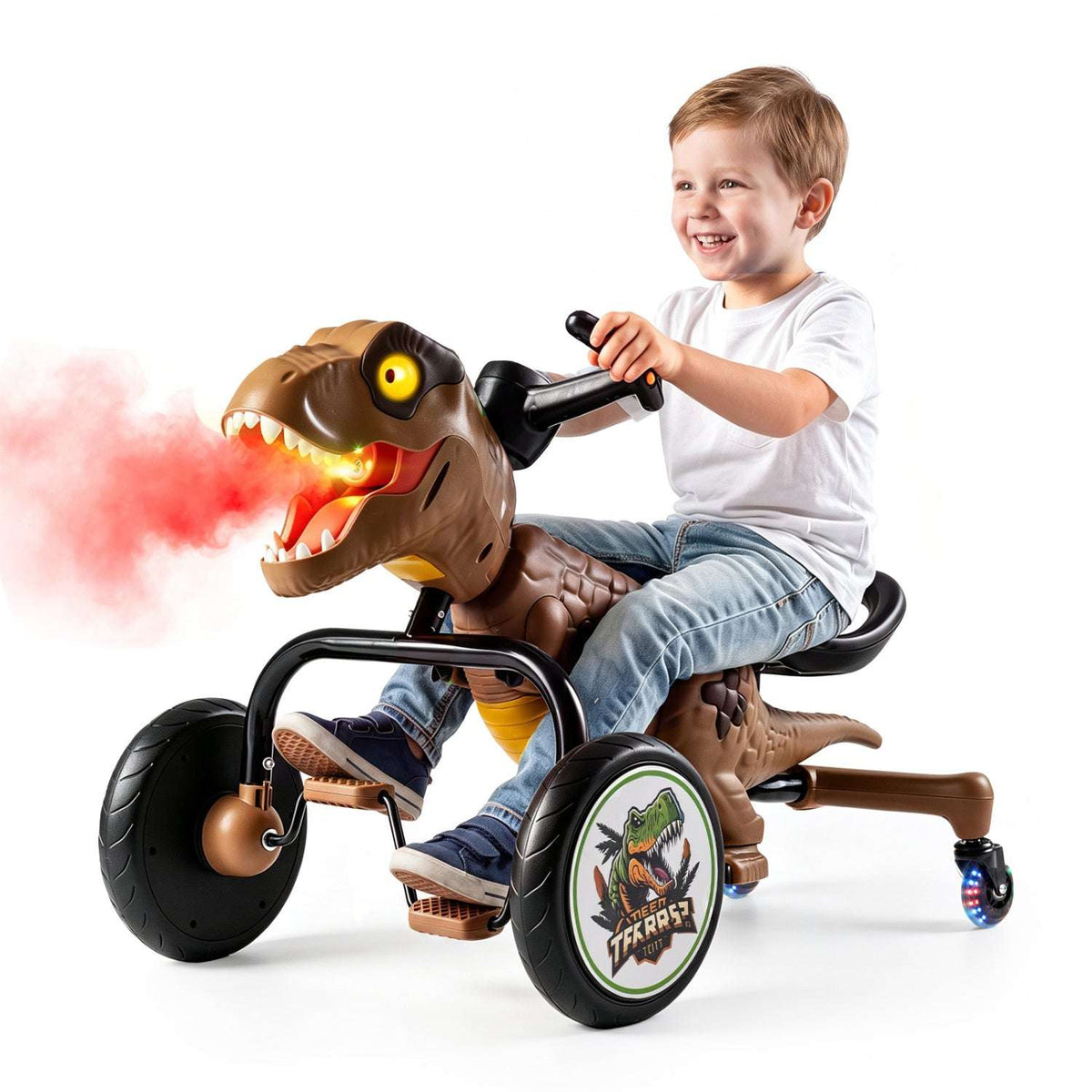 Kids riding brown dinosaur tricycle with glowing eyes and spray mist from head