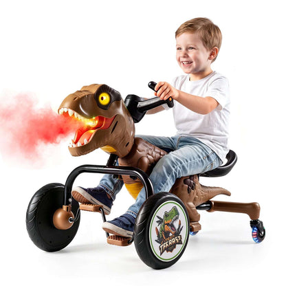 Kids riding brown dinosaur tricycle with glowing eyes and spray mist from head