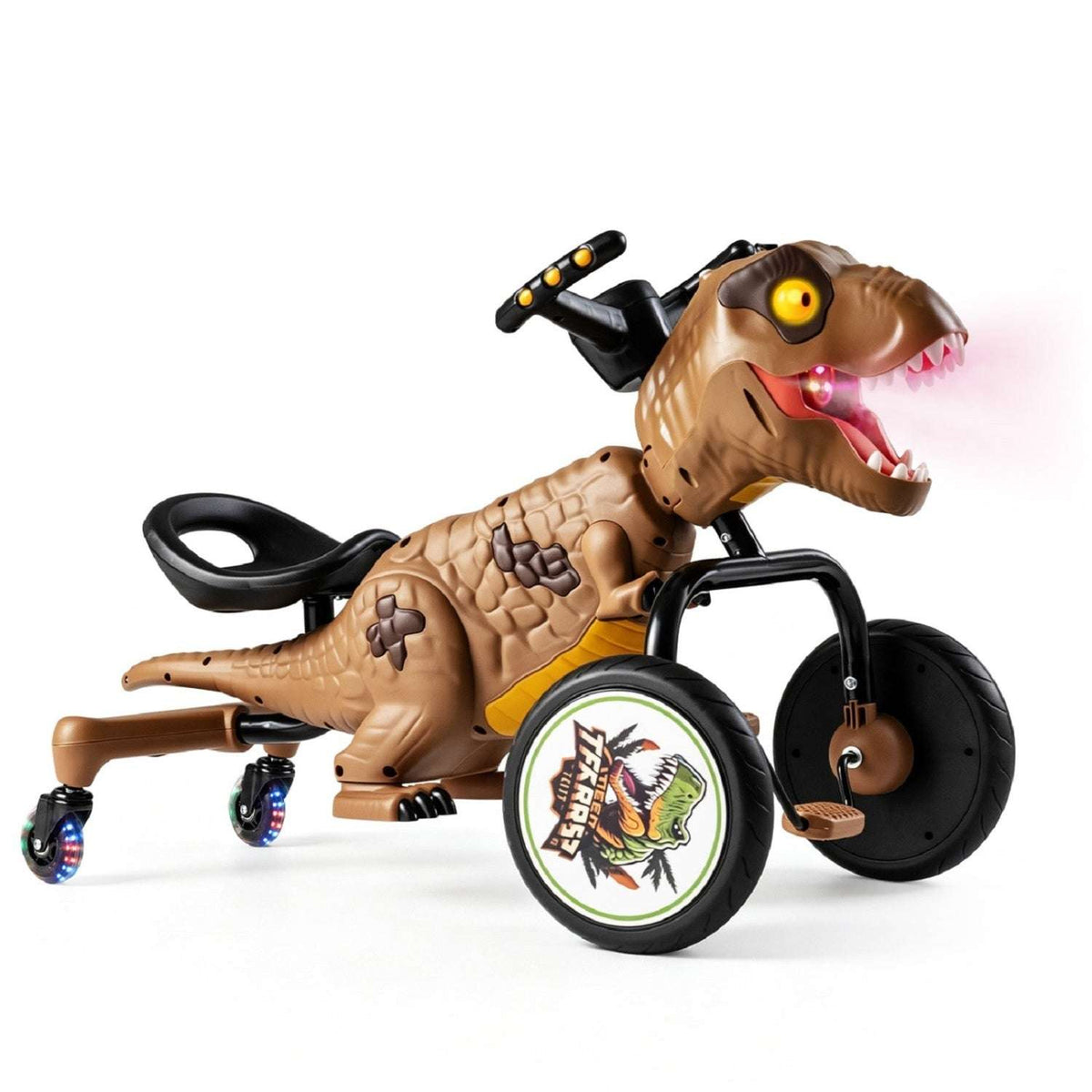 Brown dinosaur tricycle toy with black wheels, front lights, and handlebar horn