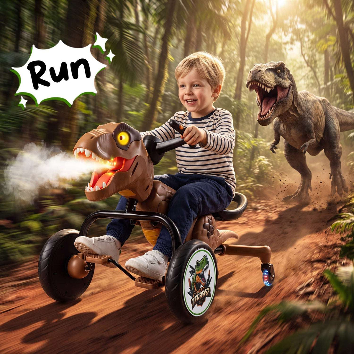 Green dinosaur drift tricycle with spray mist and lights, child rider on outdoor path