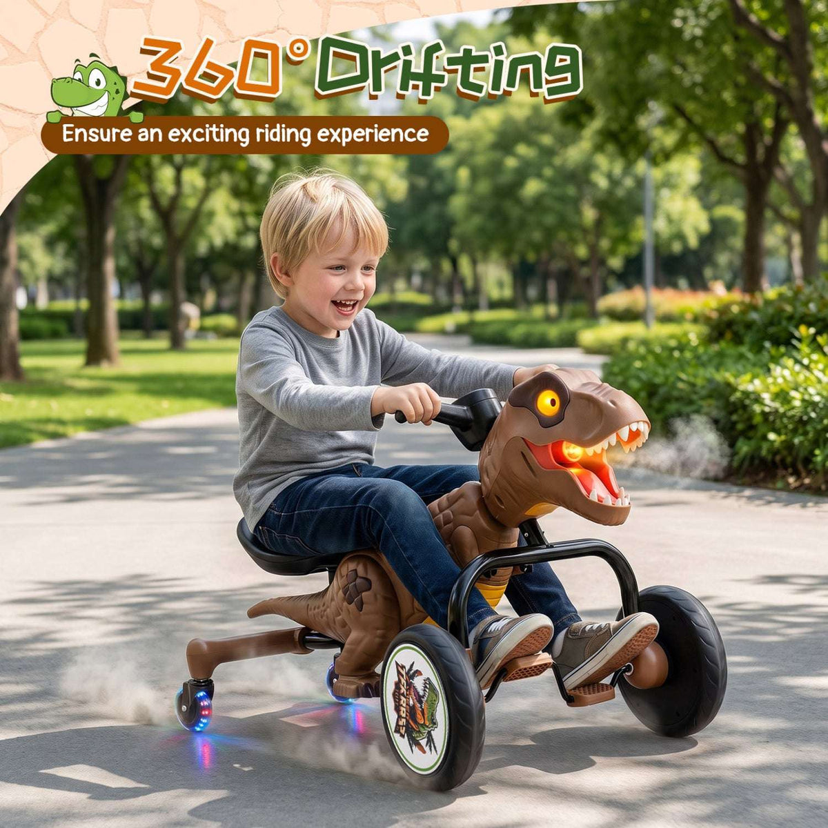 Outdoor brown dinosaur tricycle with child, glowing headlights, and steering handles