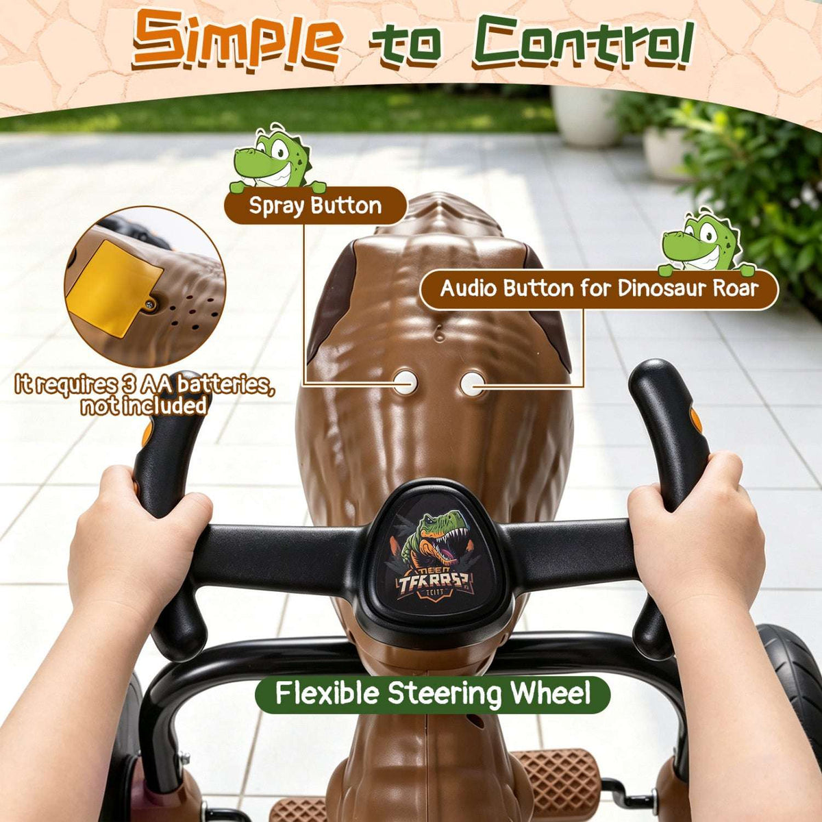 Brown dinosaur tricycle handlebar with spray button and audio roar button detail