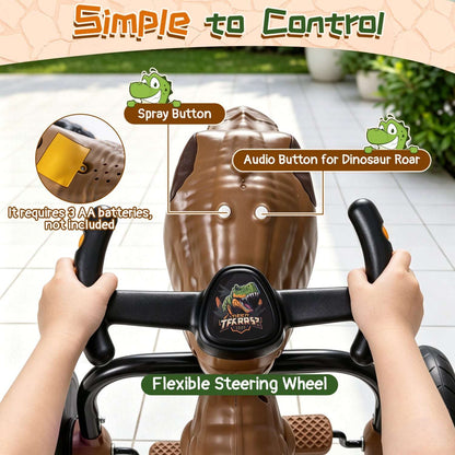 Brown dinosaur tricycle handlebar with spray button and audio roar button detail