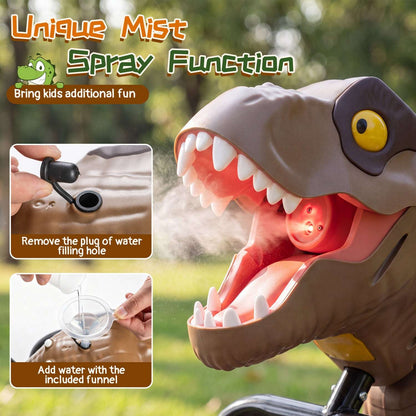 Brown dinosaur ride-on tricycle dinosaur head with spray nozzle and teeth detail