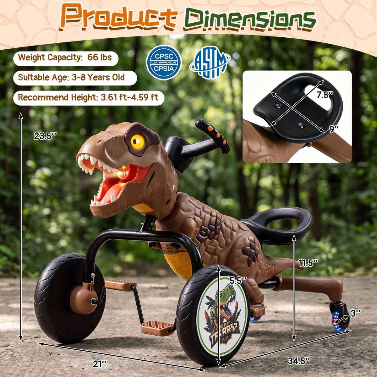 Brown dinosaur ride-on tricycle with front dinosaur head and front-wheel lights