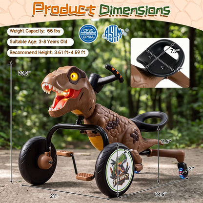 Brown dinosaur ride-on tricycle with front dinosaur head and front-wheel lights