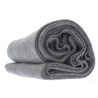 Gray wool blanket roll, close-up showing layered wool fibers and rolled seam