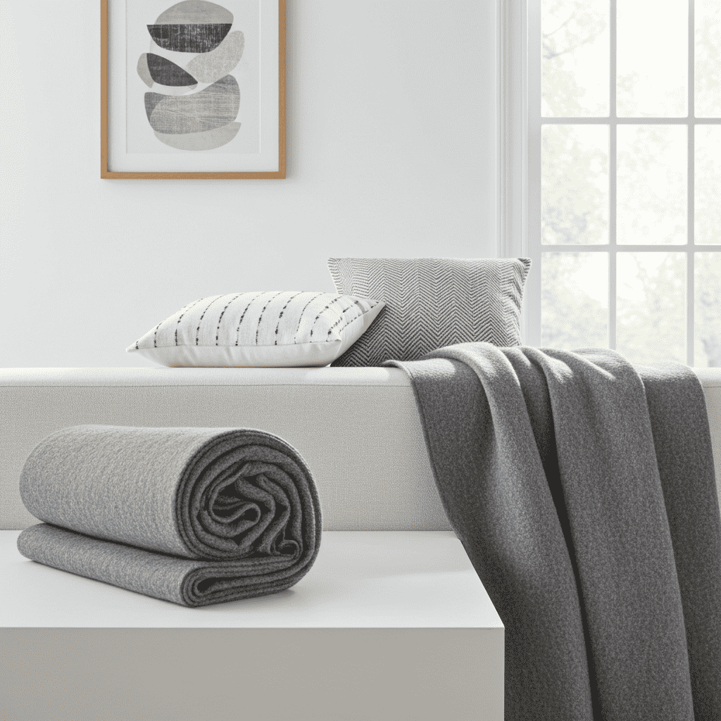 Gray wool blanket draped over sofa, with a rolled blanket visible at the corner