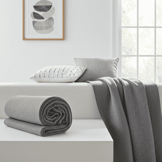 Gray wool blanket draped over sofa, with a rolled blanket visible at the corner