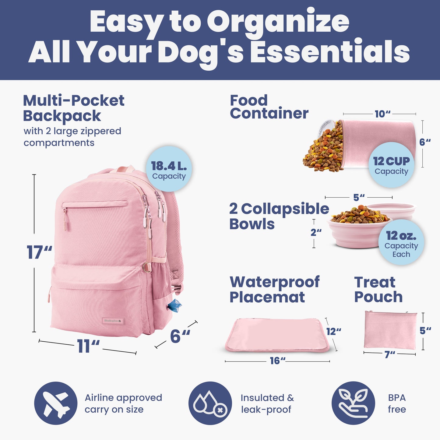 Rubyloo The Original Doggy Bag™ | Dog Supply Backpack | 6-Piece Set | 10 Pockets | 5 Colors