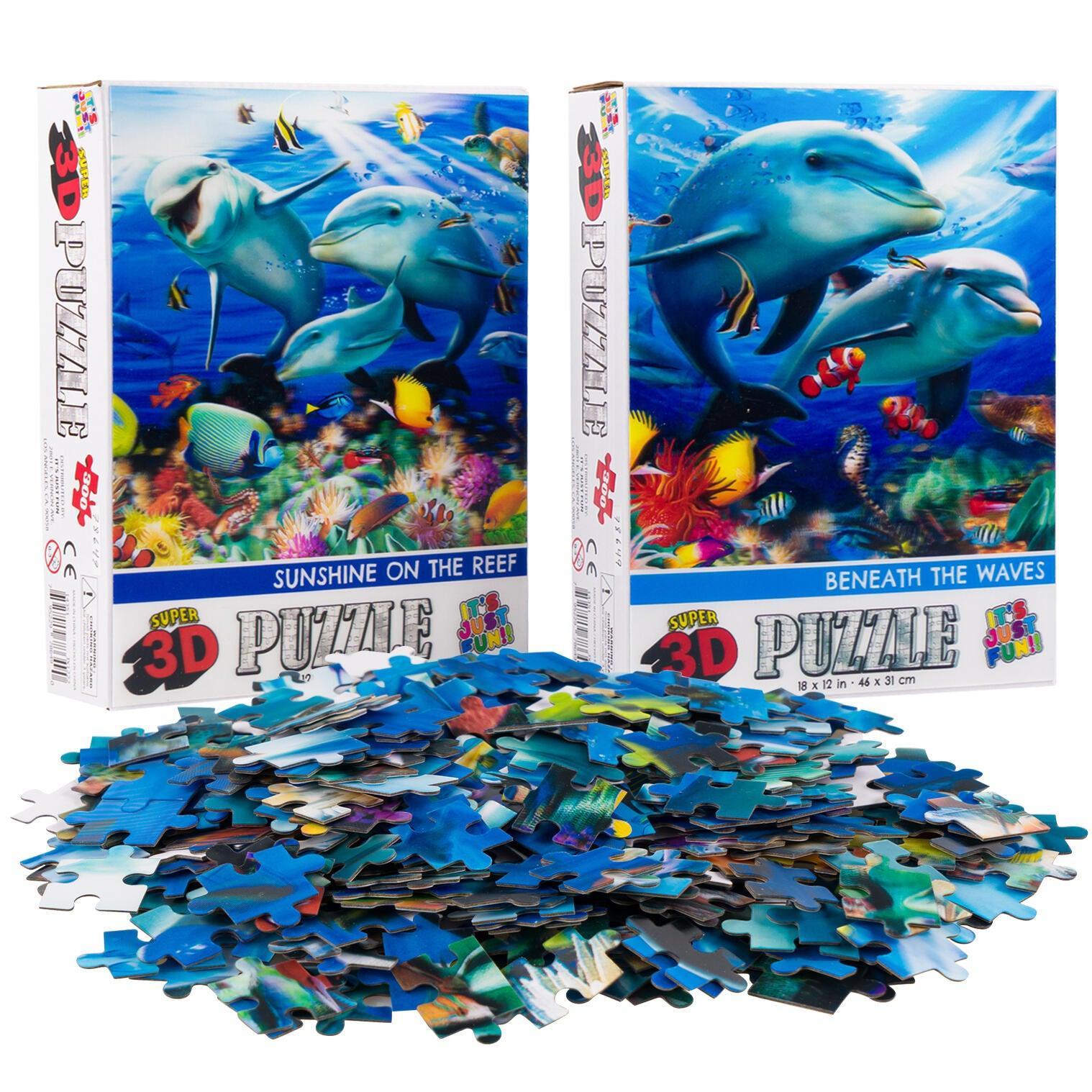 Dolphin Family & Couple 3D Lenticular Jigsaw Puzzle Set | 2 x 300 Pieces | 18"x12" | Ages 6+ - Niksstuff