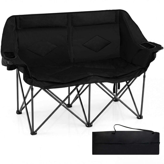 Double camping chair with two padded seats, black fabric, foldable X-frame and cup-holder pockets