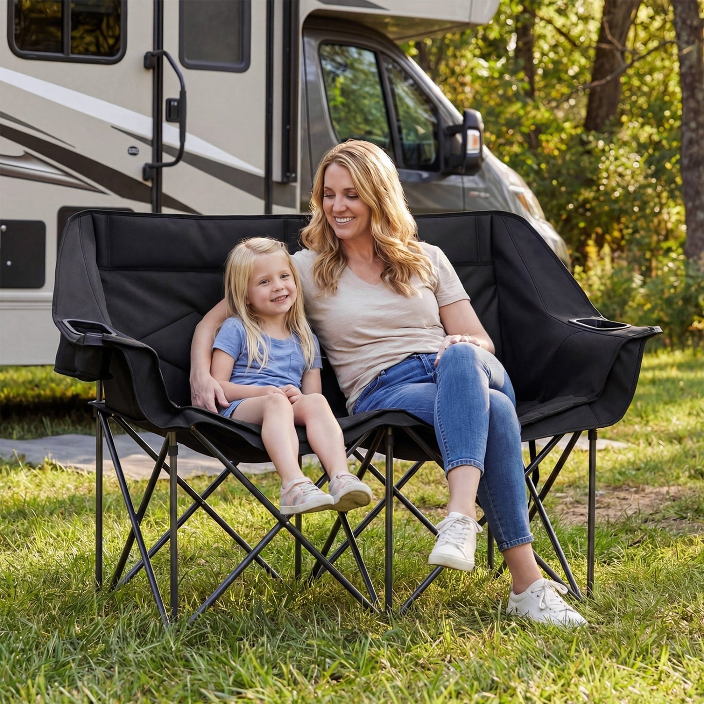 Double Camping Chair with Cup Holders, Glass Racks & Mesh Pockets