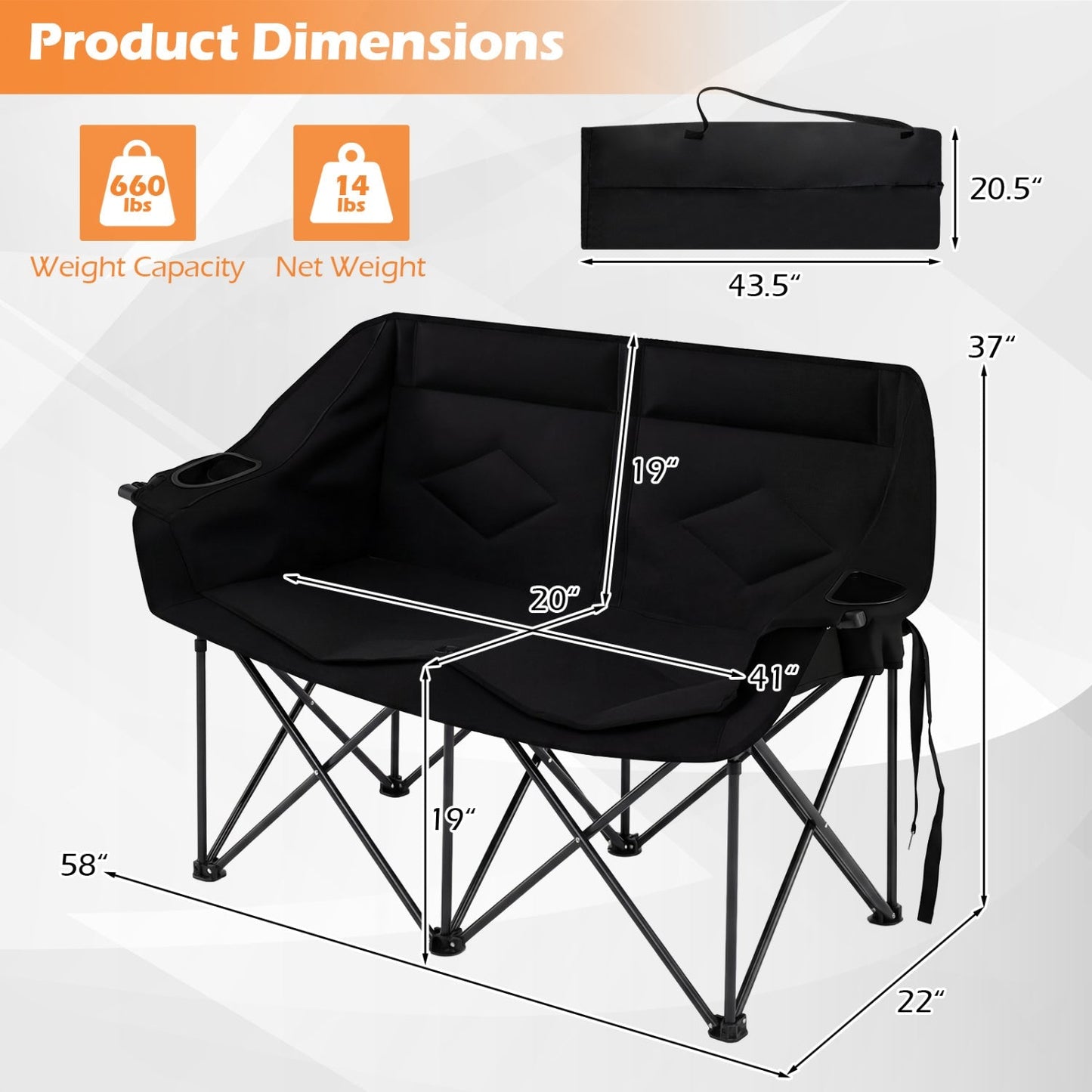 Double Camping Chair with Cup Holders, Glass Racks & Mesh Pockets