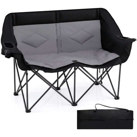 Double camping chair with two padded seats, black frame and gray inner panels, cup-holder pockets