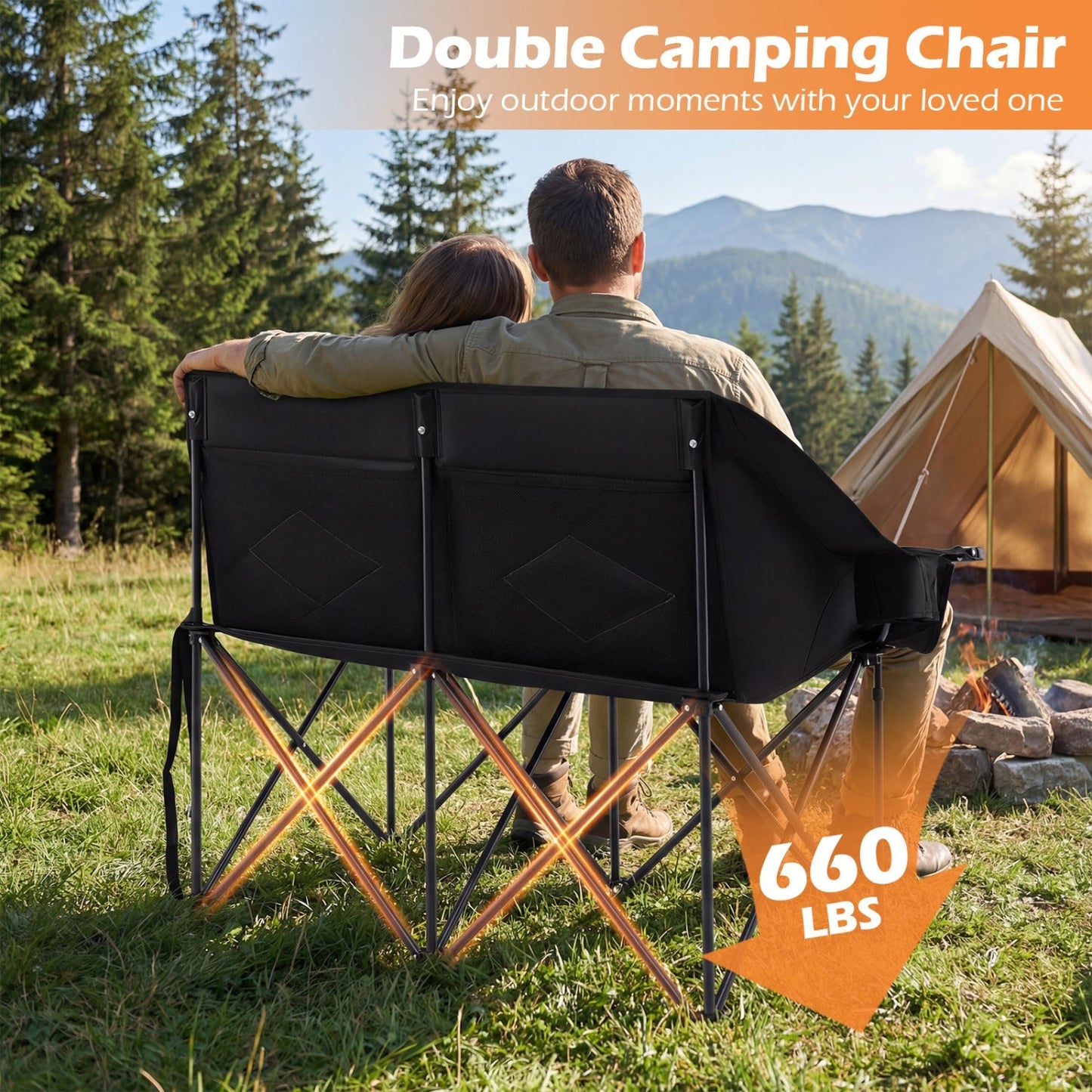 Double Camping Chair with Cup Holders, Glass Racks & Mesh Pockets