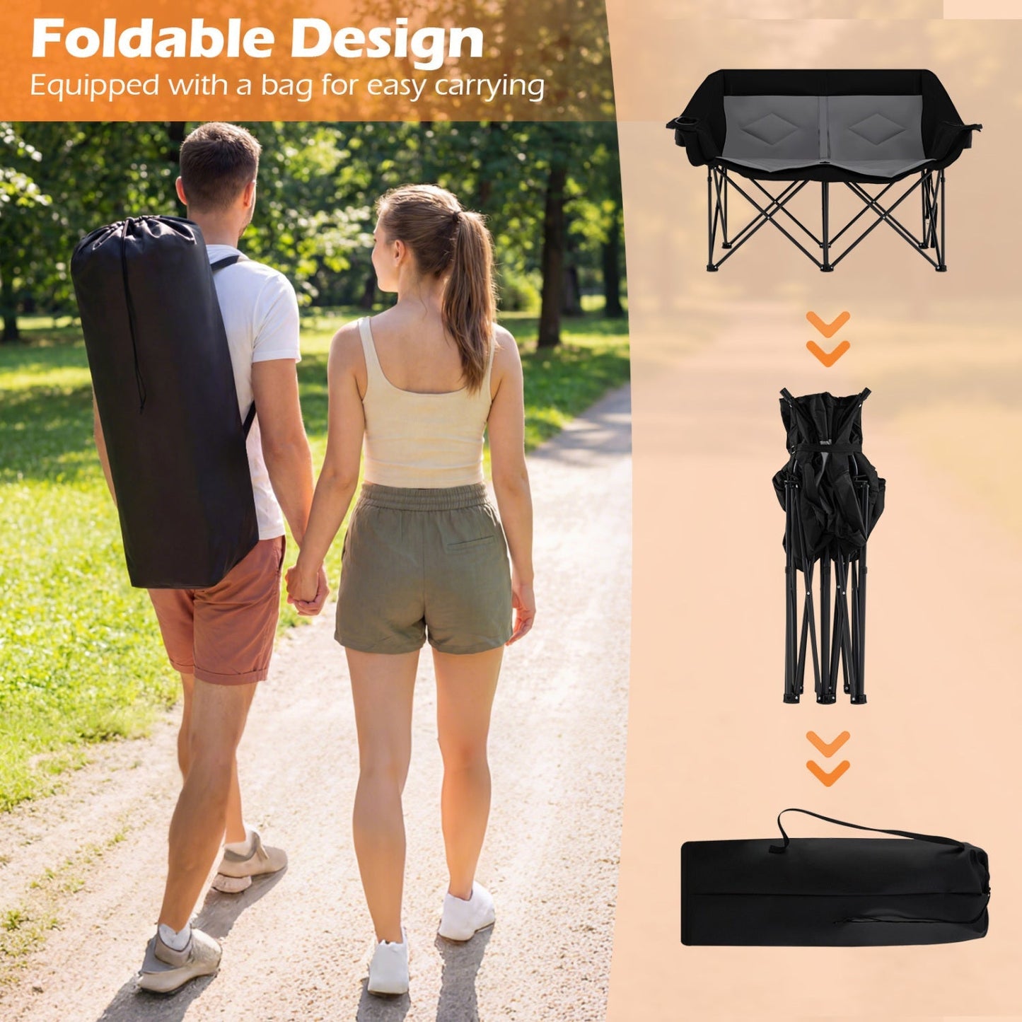 Double Camping Chair with Cup Holders, Glass Racks & Mesh Pockets