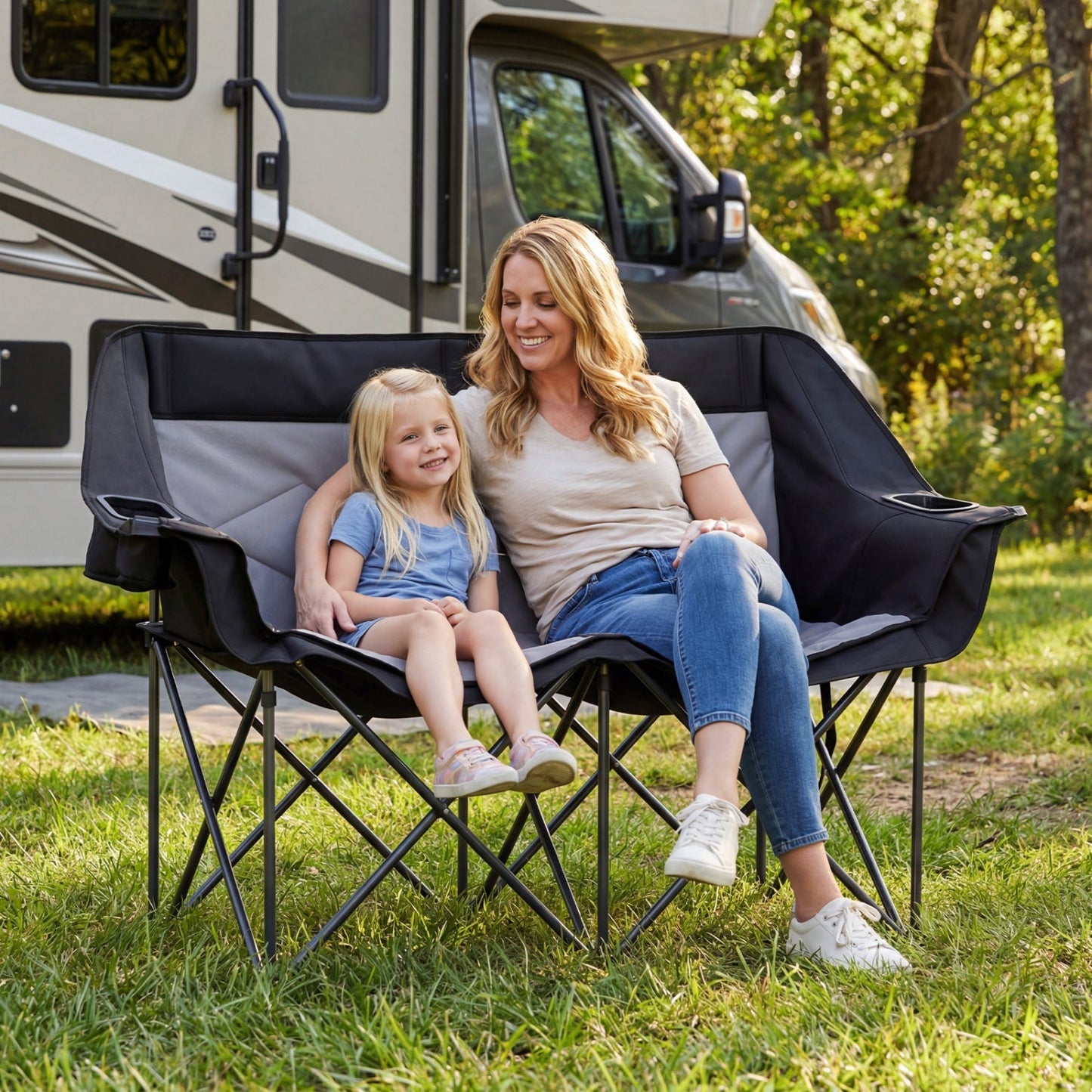 Double Camping Chair with Cup Holders, Glass Racks & Mesh Pockets