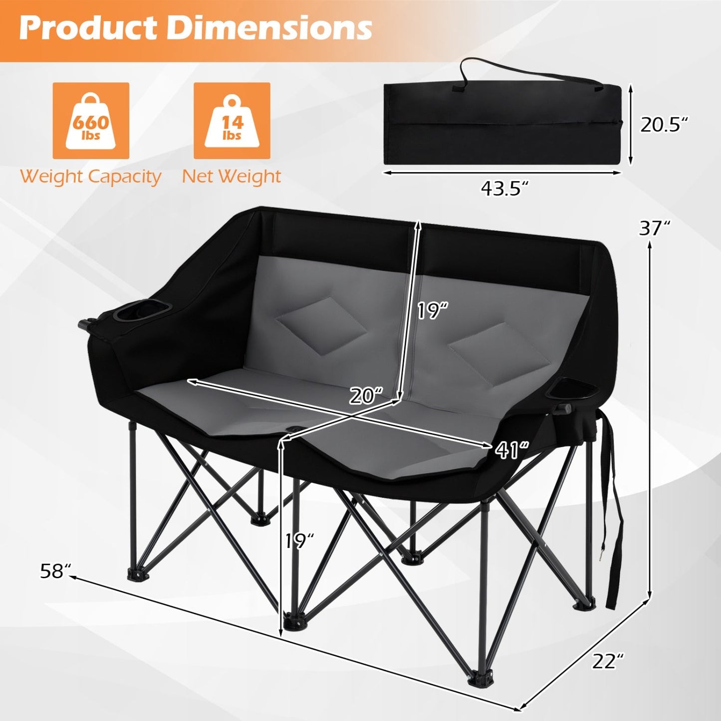Double Camping Chair with Cup Holders, Glass Racks & Mesh Pockets