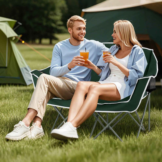 Blue portable camping loveseat chair with armrests and cup holders for two people