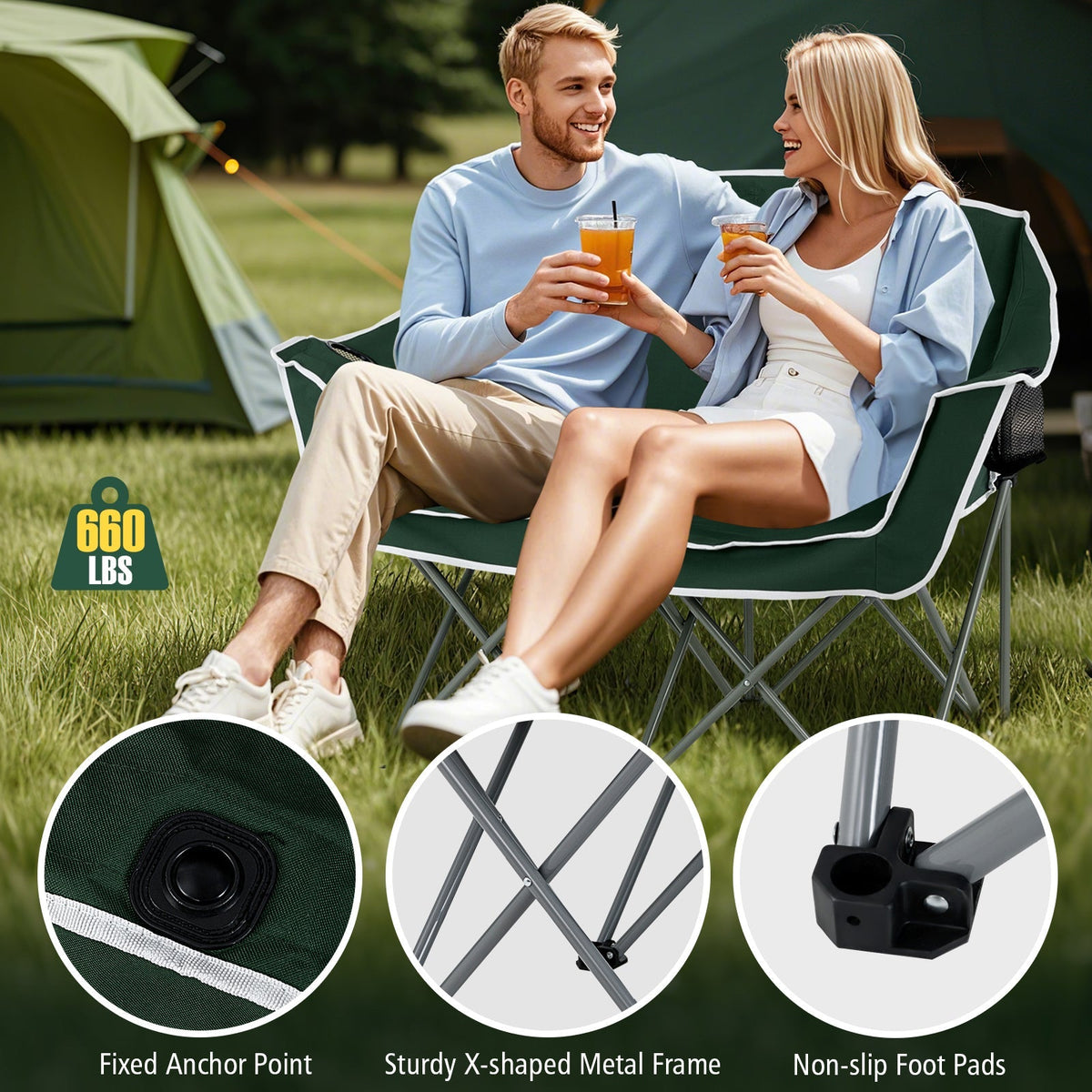 Duo Camping Chair Portable Oversized Loveseat with Armrests and Cup Holders