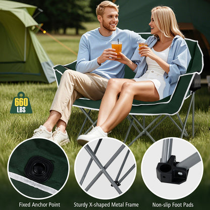 Duo Camping Chair Portable Oversized Loveseat with Armrests and Cup Holders