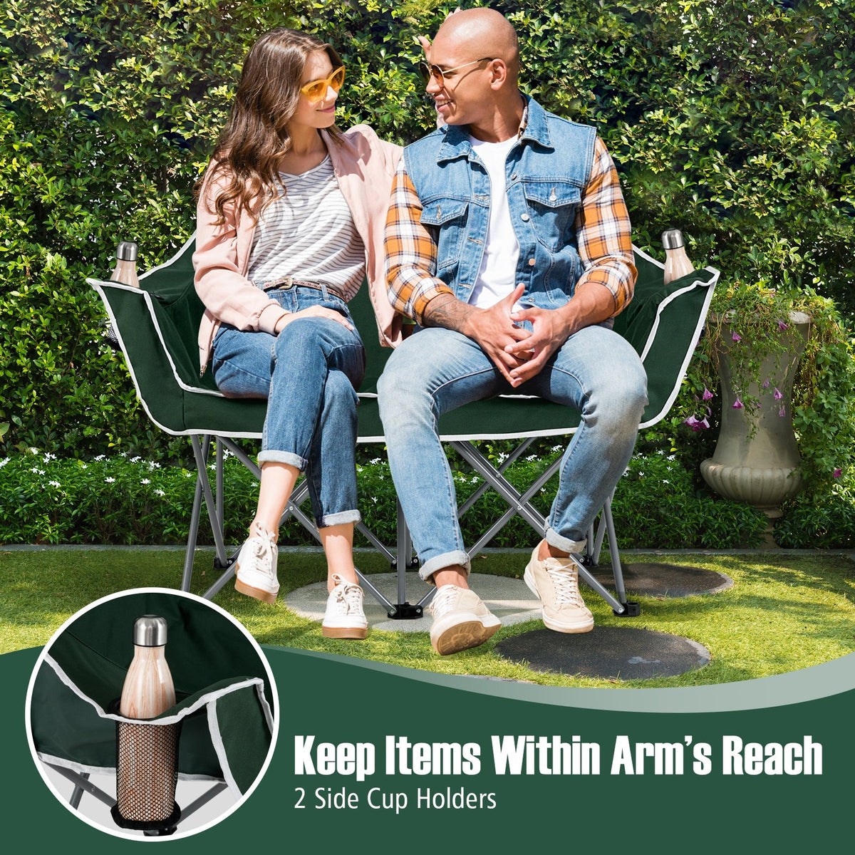 Duo Camping Chair Portable Oversized Loveseat with Armrests and Cup Holders