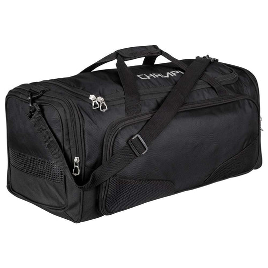 Black team duffel bag with top handle, front zip pocket, and adjustable shoulder strap