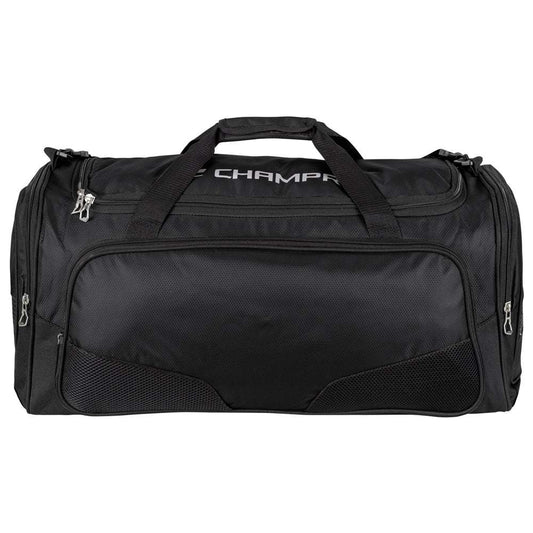 Black team duffel bag with front zip panel, side pockets, and padded shoulder strap