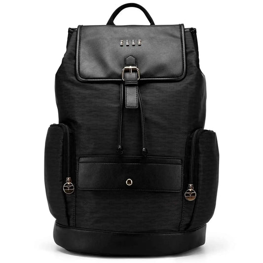 Black monogram backpack front view with top handle, buckle flap, and straps