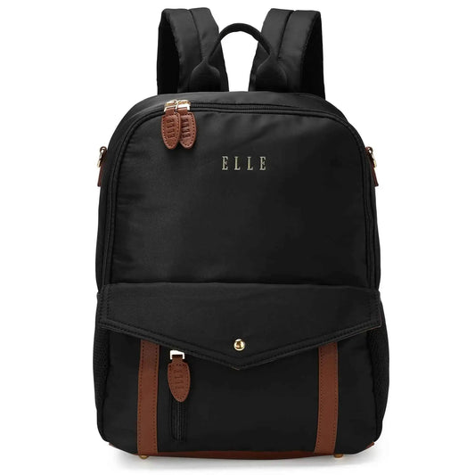 Black backpack with front flap, brown vegan leather trim, and ELLE logo