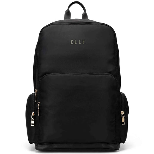 Black backpack with ELLE logo on front, dual side zippers, and top handle.