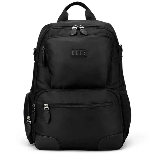 ELLE Voyage 20L black twill and vegan leather backpack with top handle and front zip pocket