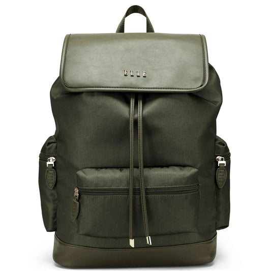 Olive green monogram travel backpack with top flap and front zip pocket