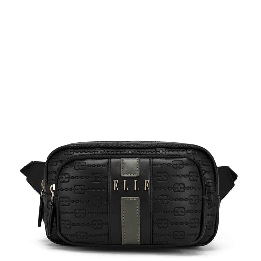 ELLE black embossed vegan leather belt bag with front ELLE patch and zipper