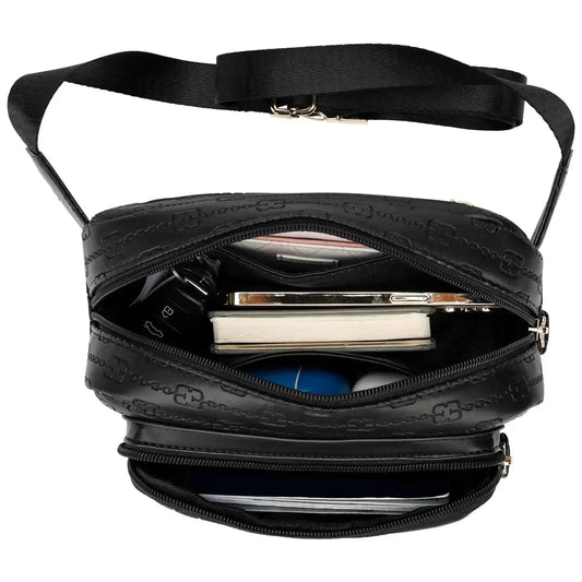 ELLE black belt bag with open top, inner pocket, and embossed vegan leather