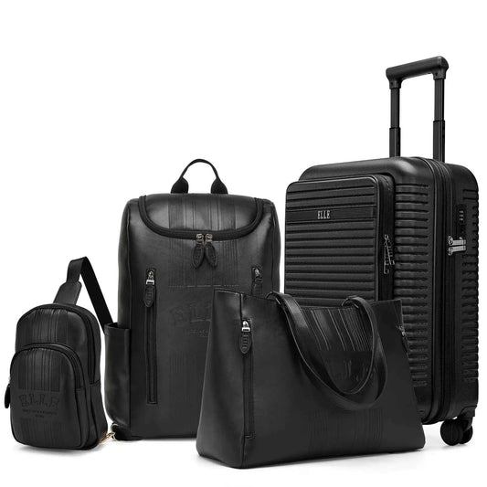 Black 4-piece luggage set with expandable wheeled suitcase and matching bags