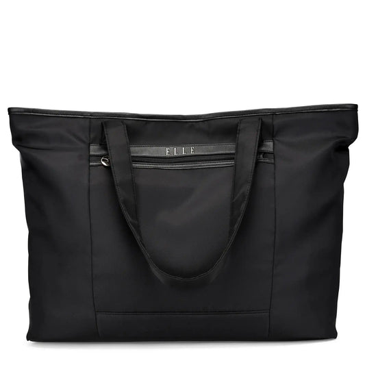 ELLE black twill weekender tote bag with double straps and front zip pocket