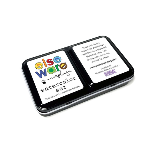 Compact watercolor paint set in black metal tin with cover and 12-color palette