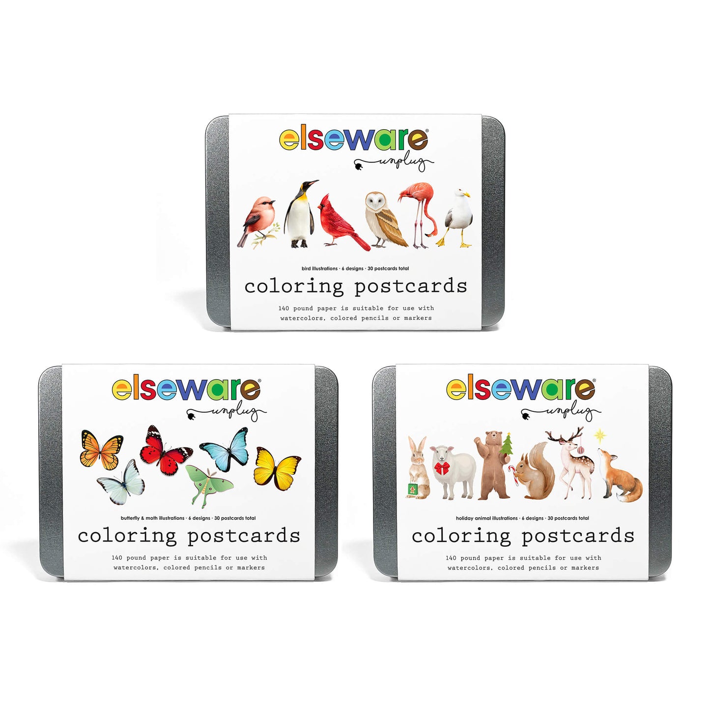 Coloring Postcards Set – 30 Cards, 6 Designs in Reusable Tin | Bird, Butterfly & Moth, or Animal | Watercolor & Pencil Ready