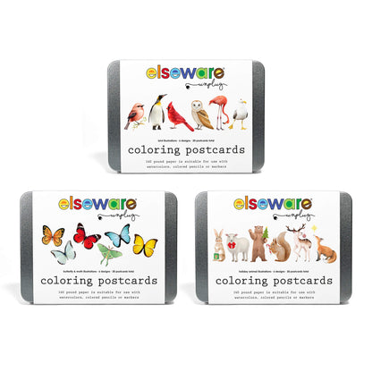 Coloring Postcards Set – 30 Cards, 6 Designs in Reusable Tin | Bird, Butterfly & Moth, or Animal | Watercolor & Pencil Ready