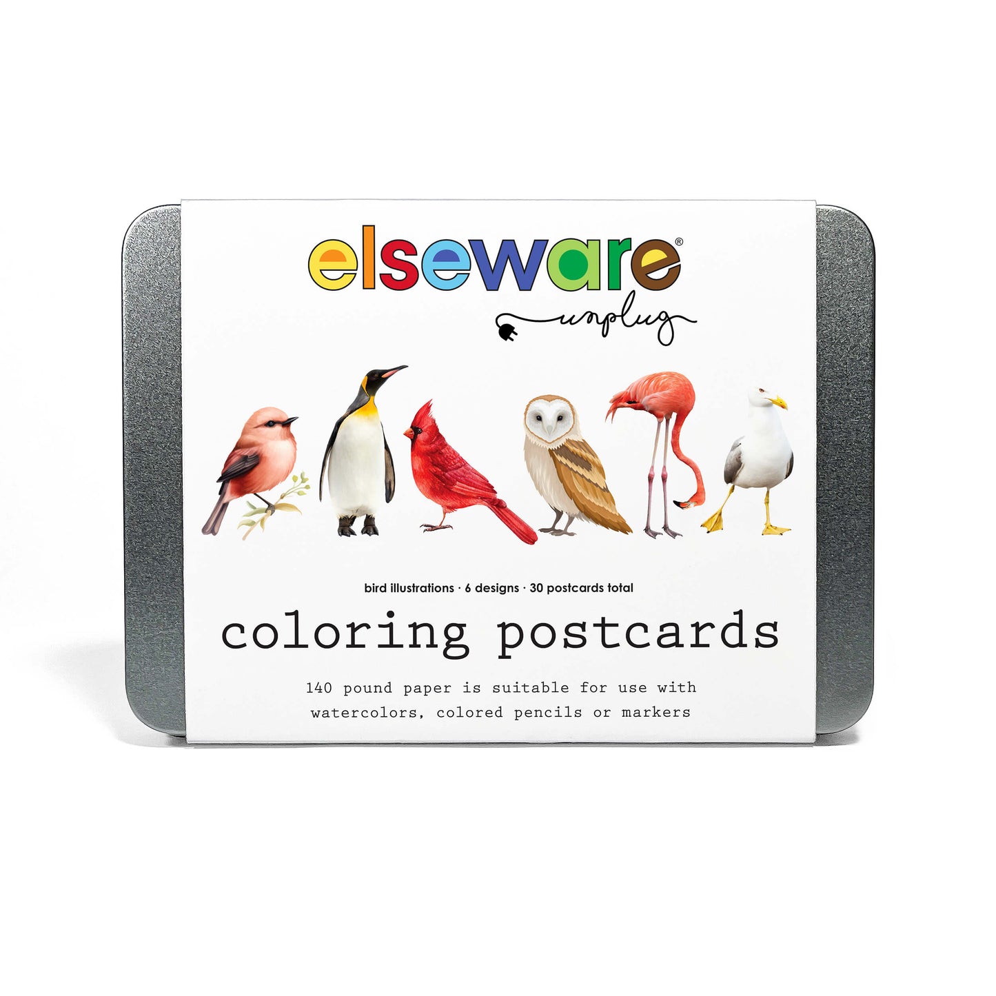 Coloring Postcards Set – 30 Cards, 6 Designs in Reusable Tin | Bird, Butterfly & Moth, or Animal | Watercolor & Pencil Ready