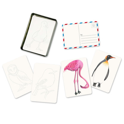 Coloring Postcards Set – 30 Cards, 6 Designs in Reusable Tin | Bird, Butterfly & Moth, or Animal | Watercolor & Pencil Ready