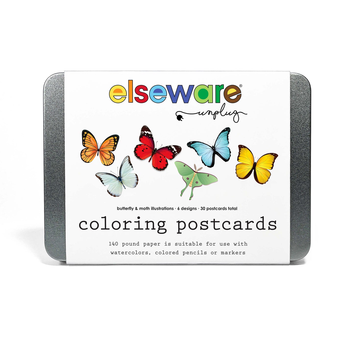 Coloring Postcards Set – 30 Cards, 6 Designs in Reusable Tin | Bird, Butterfly & Moth, or Animal | Watercolor & Pencil Ready