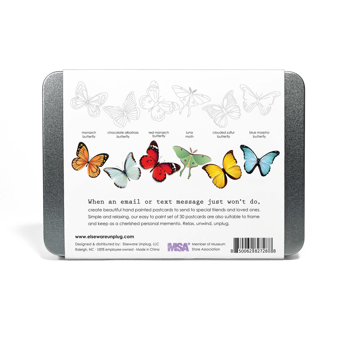 Coloring Postcards Set – 30 Cards, 6 Designs in Reusable Tin | Bird, Butterfly & Moth, or Animal | Watercolor & Pencil Ready