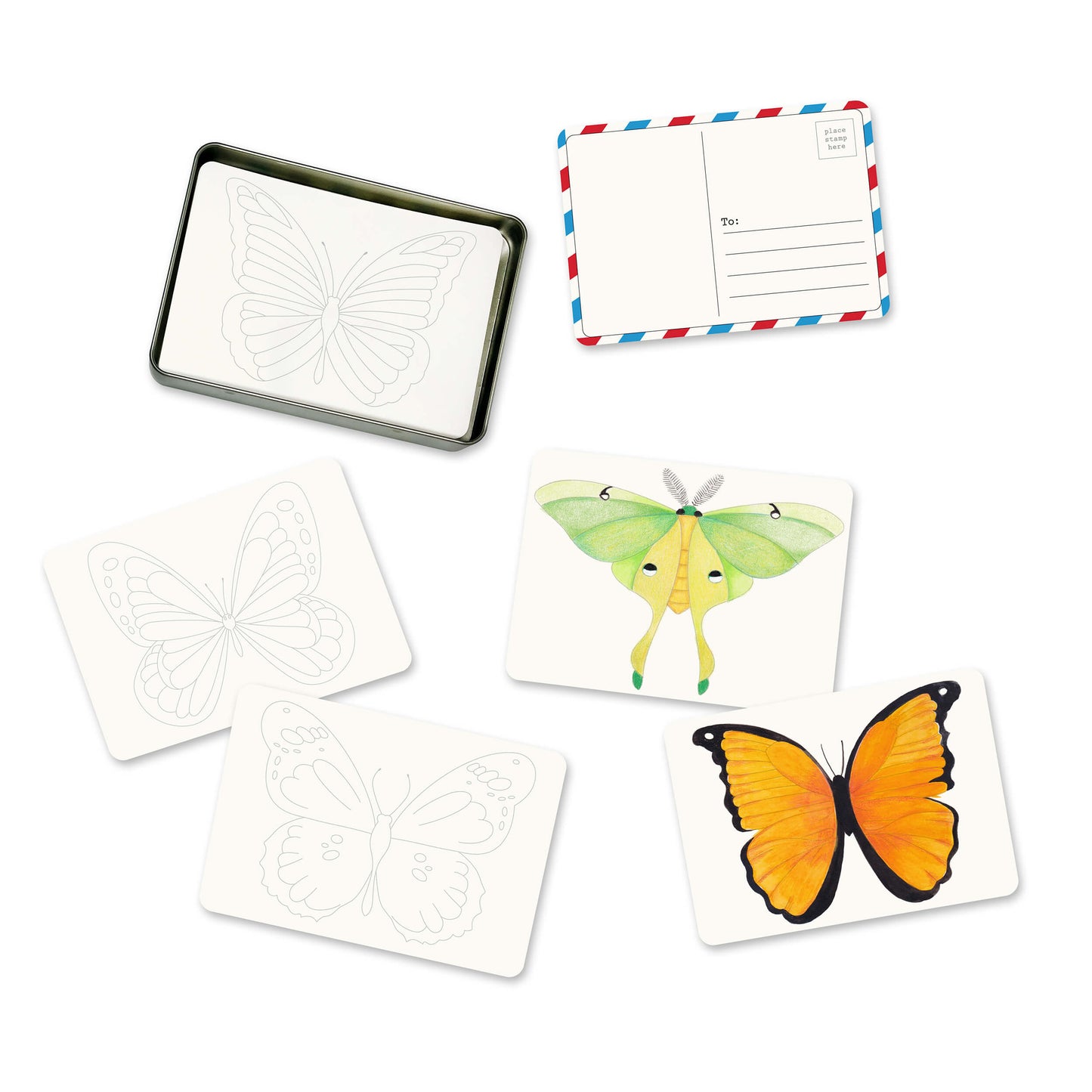 Coloring Postcards Set – 30 Cards, 6 Designs in Reusable Tin | Bird, Butterfly & Moth, or Animal | Watercolor & Pencil Ready