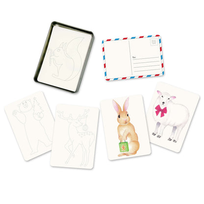 Coloring Postcards Set – 30 Cards, 6 Designs in Reusable Tin | Bird, Butterfly & Moth, or Animal | Watercolor & Pencil Ready
