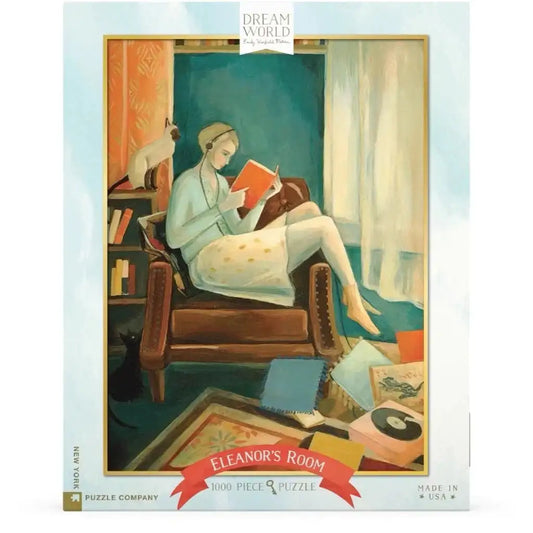 1000-piece jigsaw puzzle box with illustrated woman reading in chair